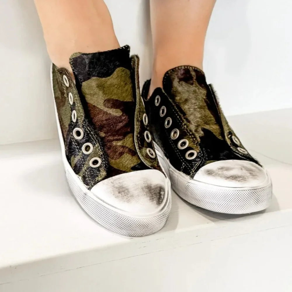naughty monkey Camouflage Pony Hair Slip-On Sneakers in Green, Brown, Black